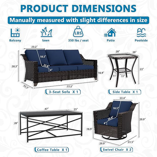Vista Vibe 5 Pieces Outdoor Rattan Patio Conversation Furniture Set - 78" 3-Seat Sofa | 2 Swivel Glider Rocker Chairs | Wicker End Table | Metal Table, Upholstered Loveseat, Deck (Brown/Navy)