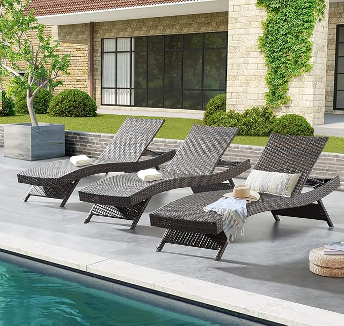 79'' Long Reclining Chaise Lounge Set (Set of 3), Outdoor Wicker Reclining Lounge Chair Patio Rattan Double Chaise Lounge Lawn Sunbathing Chairs Beach Pool Backrest Recliners (Set of 3)