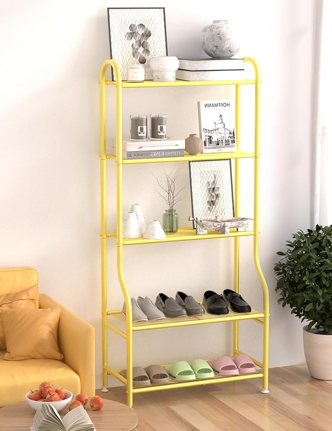 5-Tier Metal Plant Stand - Heavy Duty Indoor Outdoor Flower Shelf for Multiple Pots, 65" Tall Vertical Holder with Adjustable Leveling Feet & Wall-Fixing Kits, Gold