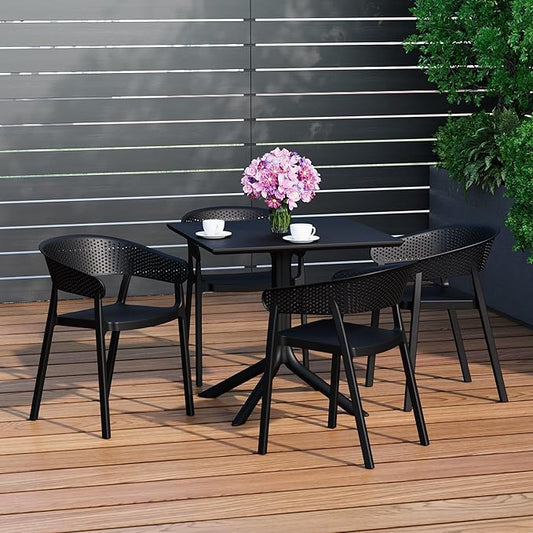 Costaelm 5-Piece Outdoor Dining Set, HDPE Patio Square Bistro Table and Stackable Chairs Sets for 4, Outdoor Furniture All Weather for Backyard Poolside, Black
