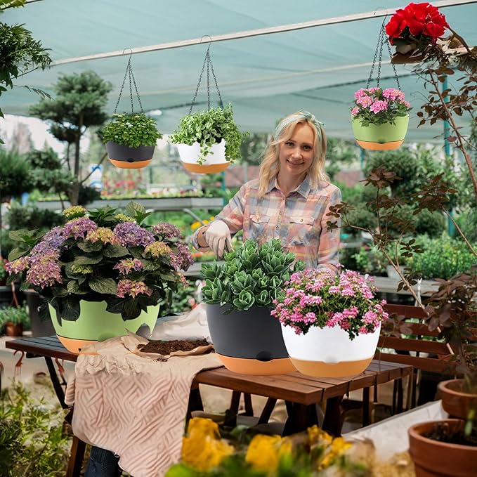 10 inch Hanging Planters for Indoor Outdoor Plants with Self-Watering Pots, 3 Pack Plastic Hanging Basket with Removable tray for Home Garden Porch Balcony Patio Decor(Green)