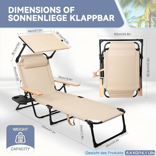 Beach Lounge Chairs with Armrests, 4-Position Folding Lounge Chairs for Outside, Sunbathing Portable Lounge Chaise, Tanning Chair Pillow & Cup Holder, for Outside Beach Pool (Beige.)