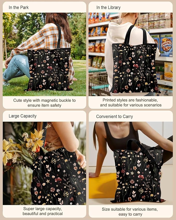 Miss Adola Canvas Tote Bag for Women – Aesthetic Canvas Bag with Zipper Cute Stylish Reusable Shoulder Totes for Shopping Work Daily Vacation, Black Grow Flower