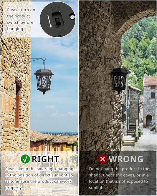 Solar Lanterns Outdoor Waterproof, Hanging Solar Lights with Glass Shade - 2 Pack LED Metal Wall Mount Outdoor Light for Yard/Garden/Patio - Black