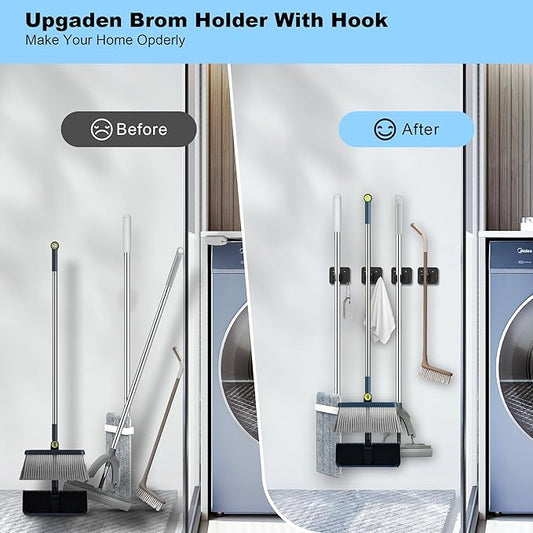 2 Pack Broom Holder Wall Mount, 304 Stainless Steel Mop Organizer with Hooks, No Drill Adhesive and Screw Installation, Rust Proof Storage Rack for Garage, Laundry, Garden, Black