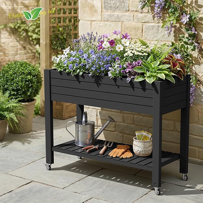 Vixzen Raised Garden Bed Outdoor,Reinforced Large Planter Box with Wheels & Storage Shelf,Mobile Planter Bed Box for Backyard, Patio, Balcony (Black, 21Gal(43.31"×17.72"×33.66"))