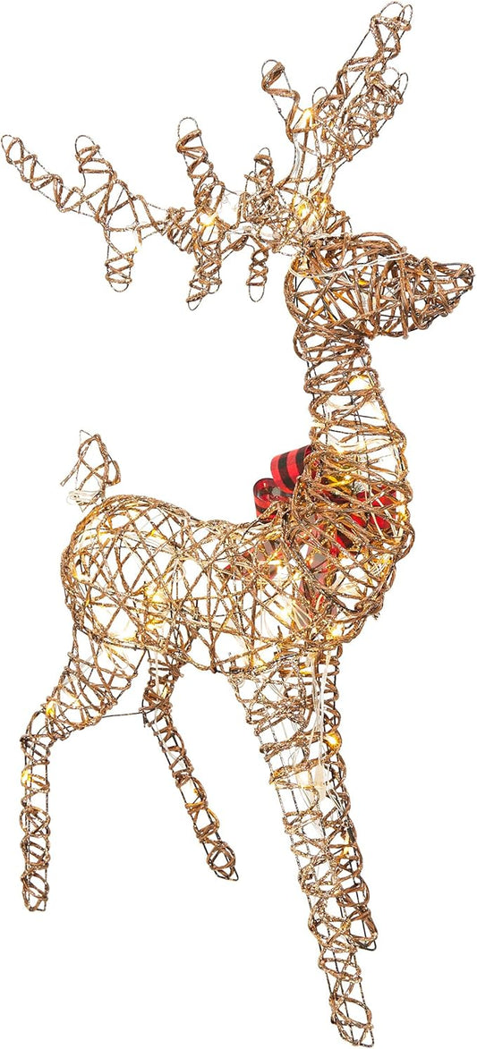 Alpine Corporation 49" Rattan Standing Reindeer Statues with Ribbon and LED Lights, Christmas Decor