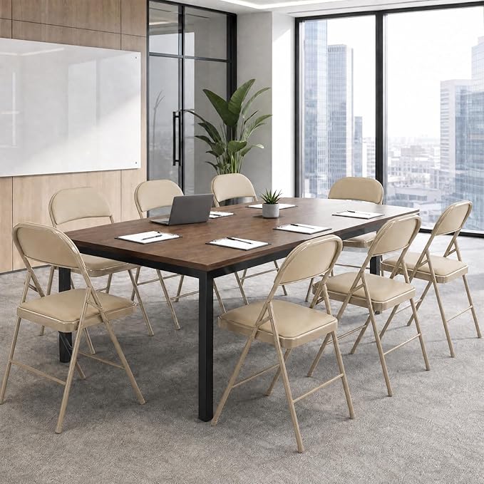 Sweetcrispy Folding Chair 4 Pack, Leather Padded Foldable Chairs, Sturdy Metal Portable Chairs, Easy to Use and Store, Outdoor and Indoor, for Home, Office, Party, Garden, Kahki