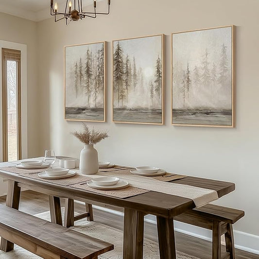 Framed Neutral Wall Art for Living Room, Large 3 Piece Abstract Pastel Grunge Forest Landscape Tree Canvas Artwork Set, Modern Art Decorative Nordic Painting Picture Prints for Hallway Office 24x36 In