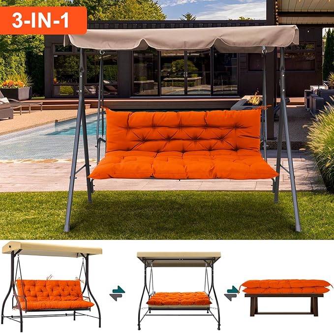 Outdoor Swing Cushions 3 Seater Waterproof, Replacement Bench Cushions for Outdoor Patio Furniture with Backrest, Porch Swing Cushion with Ties for Lawn and Garden (Orange, 40x60in)