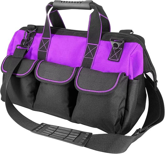 Garden Tools Bag 16 inch Wide Mouth Tool Bag with Molded Base Tool Tote for Women, Heavy Duty,600D polyester fabric (Purple color)