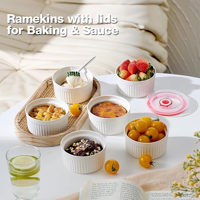 Mfacoy Ramekins with Lids Set of 6, 8 oz Porcelain Creme Brulee Souffle Ramekins with Covers, White Pudding Custard Cups Ramiken for Baking, Small Bowls for Sauces Dessert, Dishwasher and Oven Safe