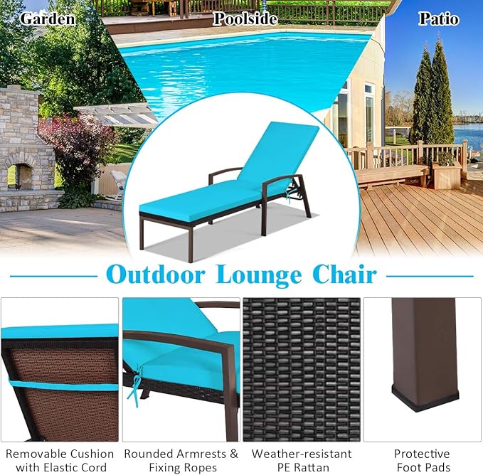 COSTWAY 2PCS Rattan Lounge Chair Outdoor, Patio Wicker Chaise Lounge with 5-Position Adjustable Backrest, Soft Cushion & Arm Rest, Pool Recliner Set of 2 for Poolside, Deck, Backyard (Turquoise)