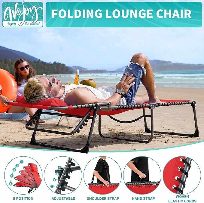 #WEJOY Outdoor Chaise Lounge Chairs, Portable Lounge Chairs for Outside, Adjustable Lightweight Beach Lounge Chair for for Adults, Patio, Pool, Lawn, Camping Tanning Chairs with Pillow, Red