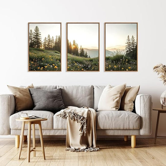 FWIEXA Mountain Canvas Wall Art Set, Framed Forest Nature Wall Decor, 3 Piece Landscape Paintings Artwork, 16x24 Inches Wildflower Pictures for Living Room, Bedroom, Office