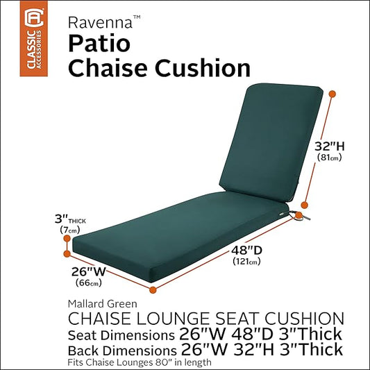 Classic Accessories Ravenna Water-Resistant Patio Chaise Cushion, 80 x 26 x 3 Inch, Mallard Green, Outdoor Seat Cushions