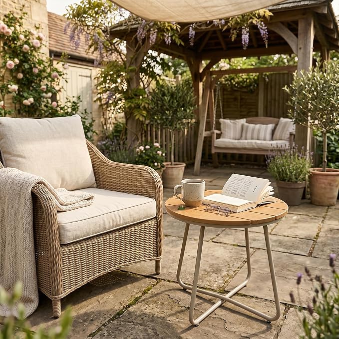 danpinera Outdoor Side Tables, HDPS Patio Table with Metal Legs, 18 Inch Outdoor Small Round Table for Garden, Backyard, Porch, Deck, Balcony, Poolside, Natural