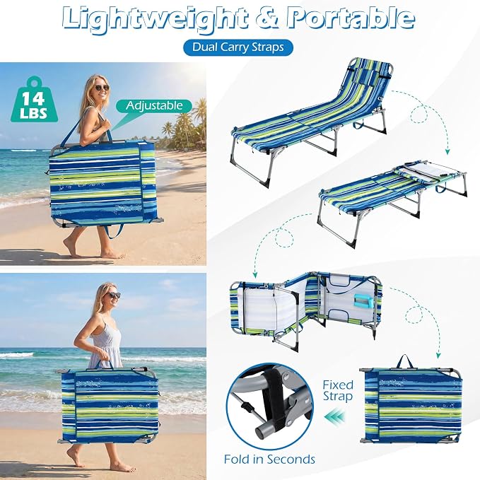 GYMAX Tanning Chair, 330LBS Beach Lounge w/Face Arm Hole & Hand Shoulder Strap, Folding Layout Sunbathing Chair, Face Down Outdoor Chaise Lounger for Patio, Poolside, Backyard (1, Blue Stripe)
