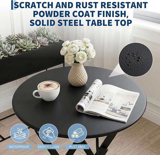 Outdoor Round Bistro Set 3 Piece, Black Iron Patio Furniture Set with Round Table & 2 Chairs, Foldable Steel Backyard Deck Porch Garden Furniture, Space Saving Outdoor Dining Set for Small Spaces