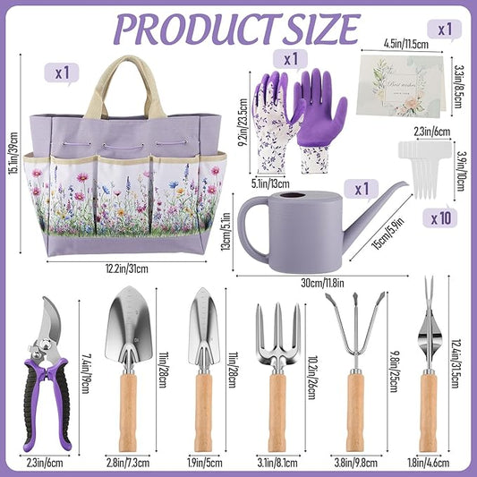 21 Piece Gardening Gifts for Women Heavy-Duty Gardening Tools Set for Wife Grandma Garden Kit Hand Tools with Purple Floral Tote Bag Water Can Gloves Garden Accessories Supplies Items