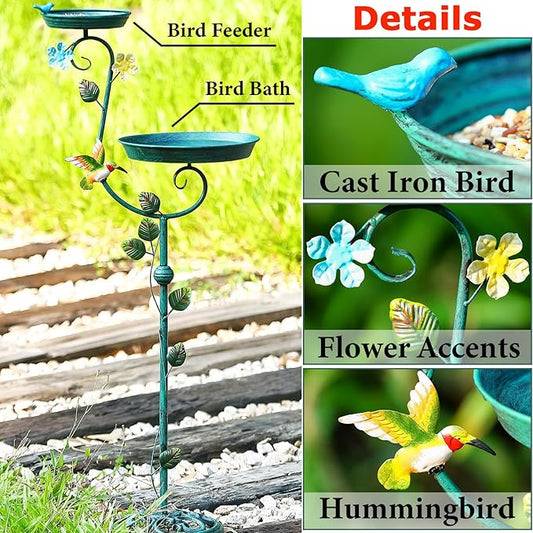 Bird Bath for Outside, 43" Tall Bird Baths and Feeders for Outdoors, Cast Iron Bird Bath and Feeder Combo, Metal Heavy Duty Birdbath Pedestal, Floral Decorative Birdbaths for Outdoor Garden