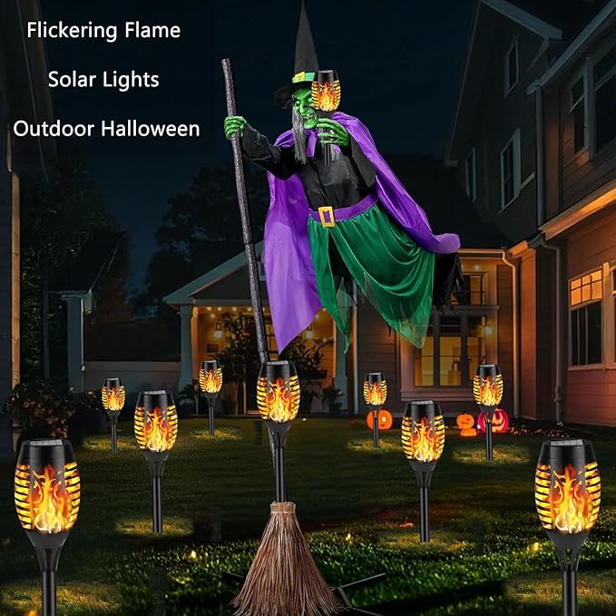 Solar Flame Lights Outdoor, 10 Pack Solar Torch Lights with Flickering Flame for Garden Decor - Waterproof Led Torches for Outside, Yard Light for Pathway Lawn Patio Halloween Decorations