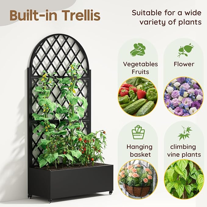 Metal Raised Garden Bed with Trellis & Wheels,72" x 35"x 15.7" Planter Box with Trellis,Privacy Planters for Patio,Garden Bed for Climbing Plants,Suitable for Climbing Plants and Vegetables,Black