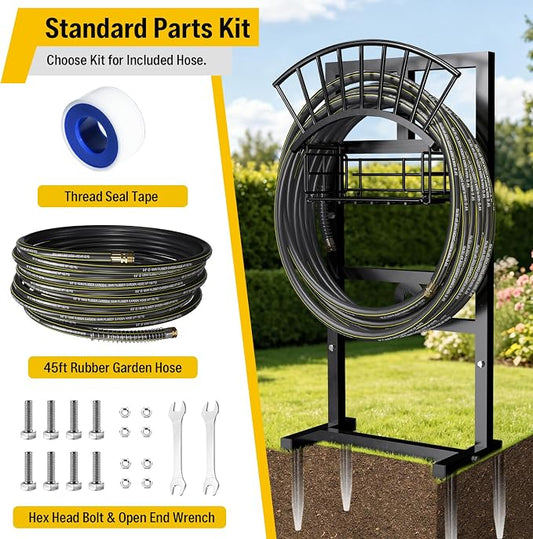 Heavy Duty Garden Hose Holder include 45ft Rubber Hose 5/8" | 4 Spike Freestanding, 2 Middle Bars for Enhance Stability, Anti-Rust Outdoor, Brass Fitting, Tidy Organizer