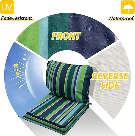 AAAAAcessories Outdoor Seat Cushions for Chairs, Fade-Resistant, Waterproof Patio Furniture Replacement Cushions, 21" x 19" x 3" + 21" x 19", Stormy Teal Coastal Stripe