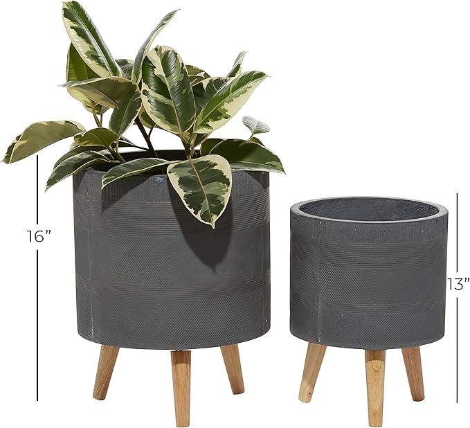 Deco 79 Magnesium Oxide Indoor Outdoor Planter Large Planter Pot with Wood Legs, Set of 2 Planters 13", 16"H, Gray
