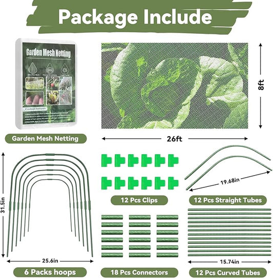 Garden Mesh Netting Kit for Raised Beds, 8 * 26FT Ultra Fine Plant Netting Covers with 6 Pcs Wide Garden Hoops & 12 Clips, Row Cover Net Protect Greenhouse Fruit Vegetable Flowers from Birds Bugs