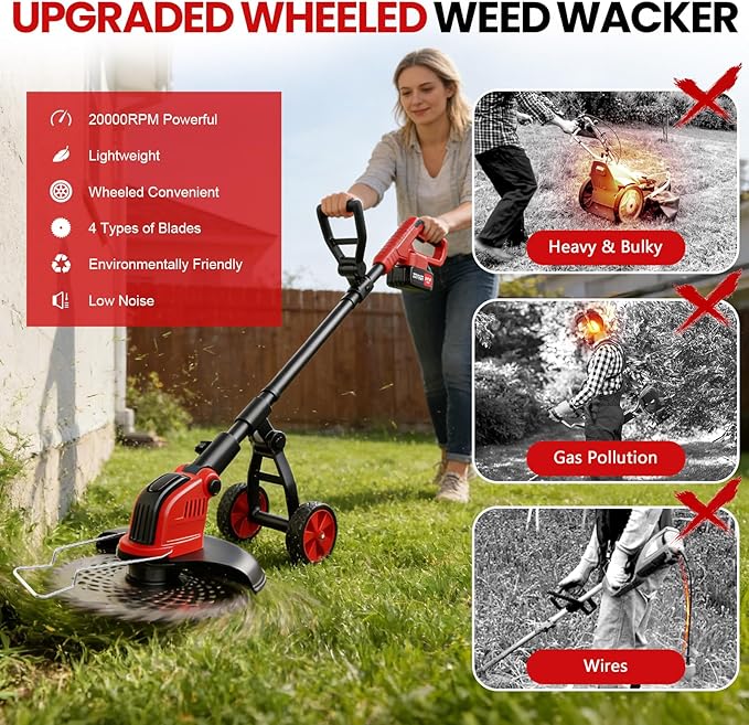 12-Inch Cordless Electric Weed Wacker, 2x3.0Ah 21V Battery Powered Weed Eater with Wheels, 800W Brushless Motor, Lawn Mower with 4 Types Blades, 20000RPM Brush Cutter Grass Trimmer for Garden Yard