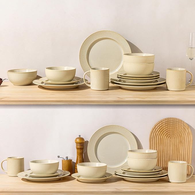 TheTerra Ceramic Dinnerware Set for 4, 12-Piece Plates and Bowls Set | Lightweight Porcelain Dish Set, Scratch Resistant, Oven & Microwave & Dishwasher Safe, Cream Latte