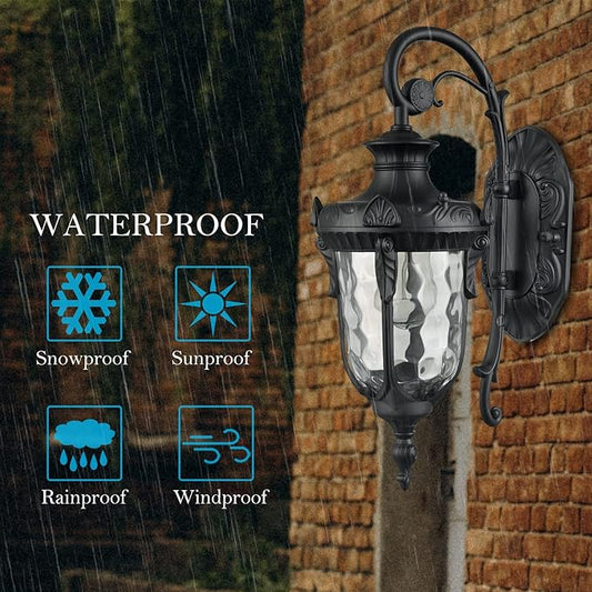 SAMTEEN Black Outdoor Wall Light Fixtures Modern Farmhouse 1-Light Outdoor Wall Sconce with Hammered Glass Wall Lantern Light for Porch Garage Courtyard, 16-Inch
