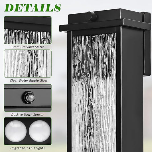 20" Extra Large Dusk to Dawn LED Outdoor Light 2 Packs, Black Modern Exterior Lighting Fixtures, Outside Porch Lights Wall Mount, Mid-Century Wall Lantern with Rippled Glass Patio Sconce Lamp
