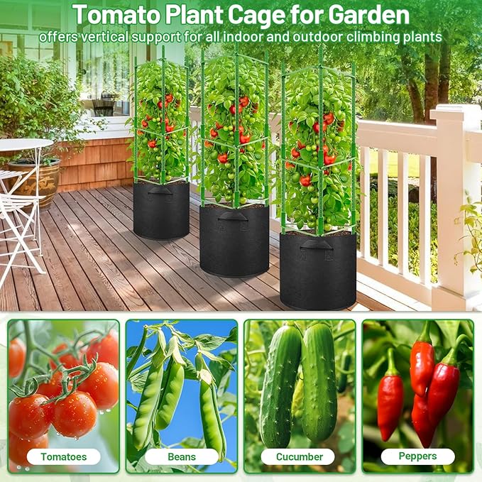 Legigo 4 Pack 48 Inch Tomato Cages with 10 Gallon Grow Bags- Tomato Trellis Plant Support Stakes Planter, Garden Cages Trellis for Vertical Climbing Plants Vegetables Flowers Fruits