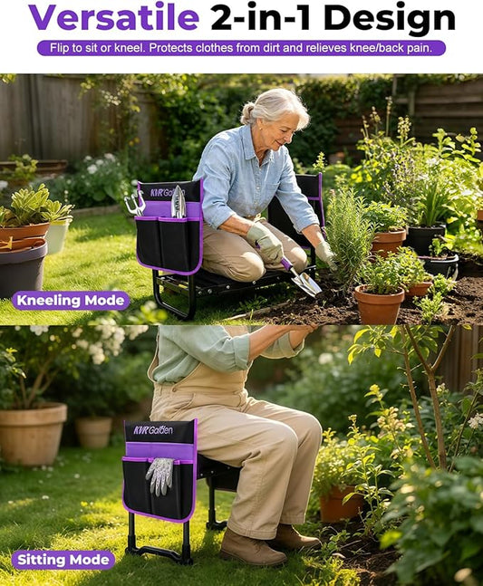 Garden Stool & Kneeler 7-Piece Set with 3 Aluminum Tools, Double-Layer Tote Bag & 2 Side Pouches - Foldable Gardening Bench Kit - Ideal Gifts for Women Mom Seniors (Purple)
