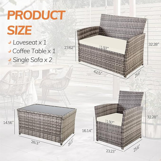 4 Piece Patio Furniture Set, Outdoor Wicker Conversation Set, Rattan Sectional Sofa Couch with Glass Coffee Table & Thick Cushion for Backyard, Porch, Garden, Poolside, Grey/Beige