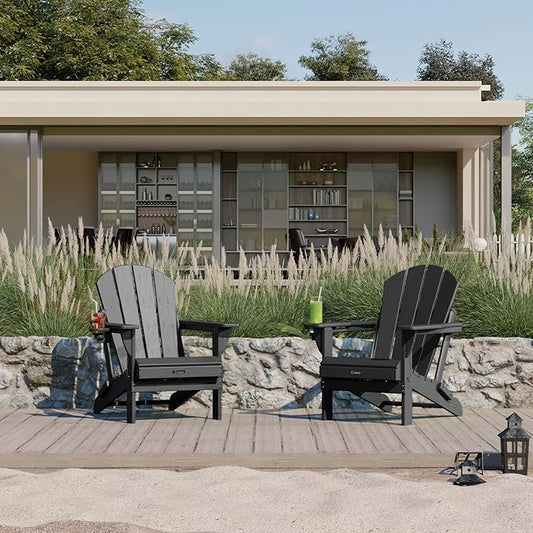 Ciokea Folding Adirondack Chair Wood Texture for Patio, Weather Resistant, Plastic Fire Pit Chair with Cup Holder, Lawn Chair for Outdoor Porch Garden Backyard Deck (Black)