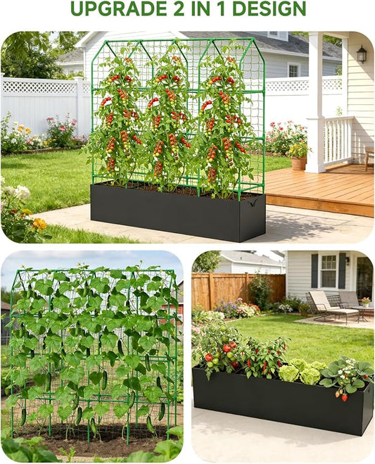 Cucumber Trellis with Grow Bag for Raised Bed, A-Shape Garden Trellis for Climbing Plants Outdoor, Metal Plant Trellis with Garden Netting for Flower Vegetables, Pea, Grape (67x17.7x65in)