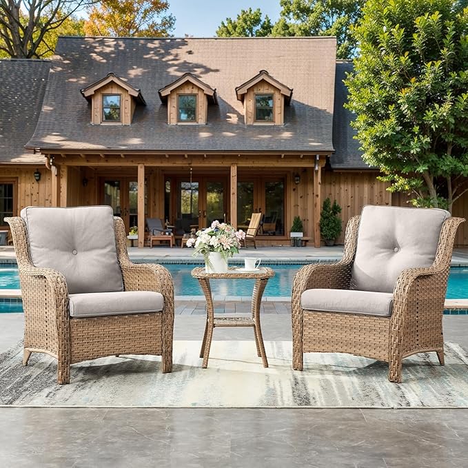 HUMMUH Patio Chairs Wicker Patio Dining Chairs Set of 2 PE Rattan Deep Seating Outdoor Chairs with 4 inch Seat Cushions (Yellow/Beige)