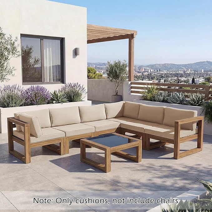 HOMREST 14-Piece Outdoor Cushions for Patio Furniture, 25x25 Inch Deep Seat Replacement Cushions Set with Water-Resistant Cover & Non-Slip Base, Fits 6-Seat Rattan Wicker Sectional Sofa, Khaki