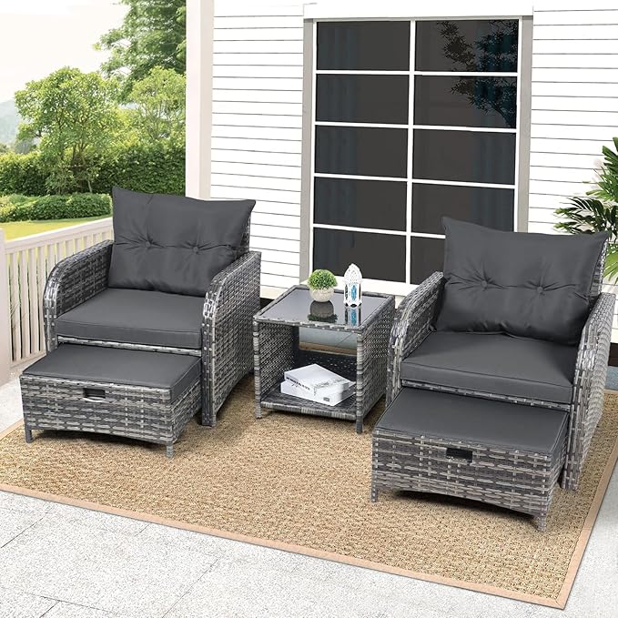 5 Pieces Wicker Outdoor Patio Chairs Set with Ottoman, Patio Furniture Set with Foot Rest Underneath, PE Rattan Garden Arm Chairs with Hidden Ottoman for Poolside Garden Balcony, Grey
