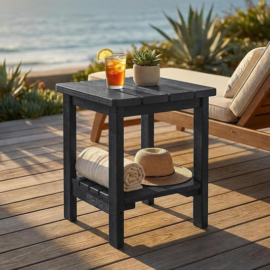 Furnimart Adirondack 2-Layer Square Outdoor Side Table, Extra-Thick HDPE Weather-Resistant Small Patio Table, Black Outdoor End Table for Garden Balcony Yard Deck Poolside(Black)