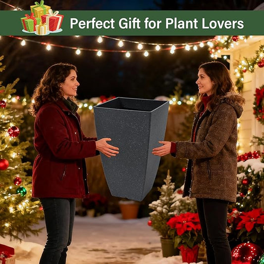 Set of 2 Tall Planter, 21 inch Large Plastic Planter with Drain Hole & Saucers, Large Outdoor Planters for Porch, Garden, Patio, Balcony(Lead Gray)