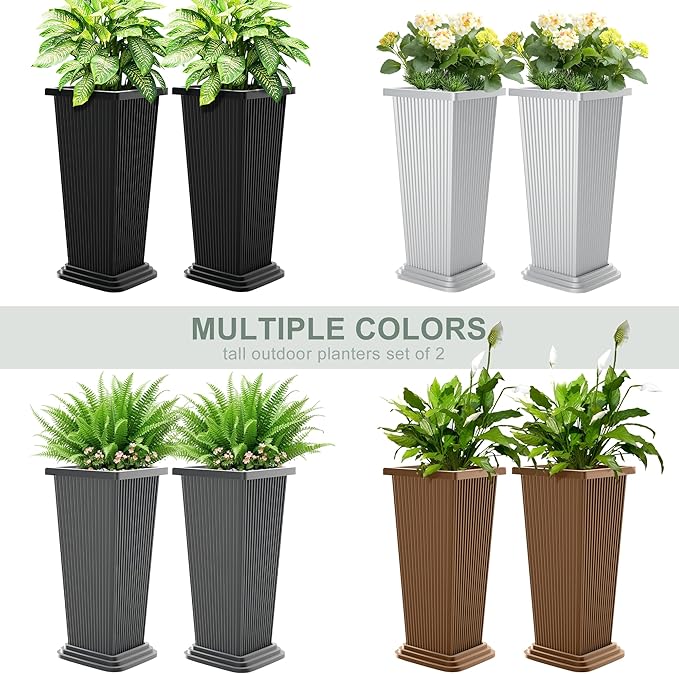 Tall Outdoor Planters Set of 2, 24" Tapered Outdoor Tall White Planter for Front Porch, Large Indoor Modern Planter Flower Pots with Tray, Drainage Holes (Ribbed)