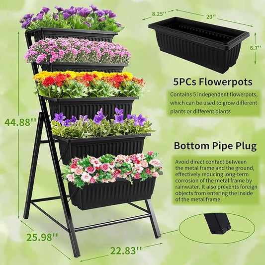 Homdox 3.74FT Vertical Garden Bed, 5 Tiers Vertical Raised Garden Planter, 23 * 26 * 45Inch Outdoor Garden Raised Bed with 4 Hooks, Vegetable Flower Planter Raised Stand for Garden Patio Yard, Black