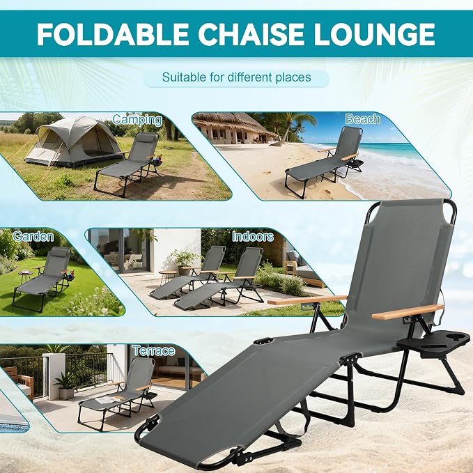 Beach Lounge Chair, Folding Outdoor Chaise Lounge Chair with Arms, 4-Position Backrest, Extended Sun Tanning Chair Pillow & Cup Holder, Patio Lounger for Outside for Beach Pool Patio Yard (Gray)