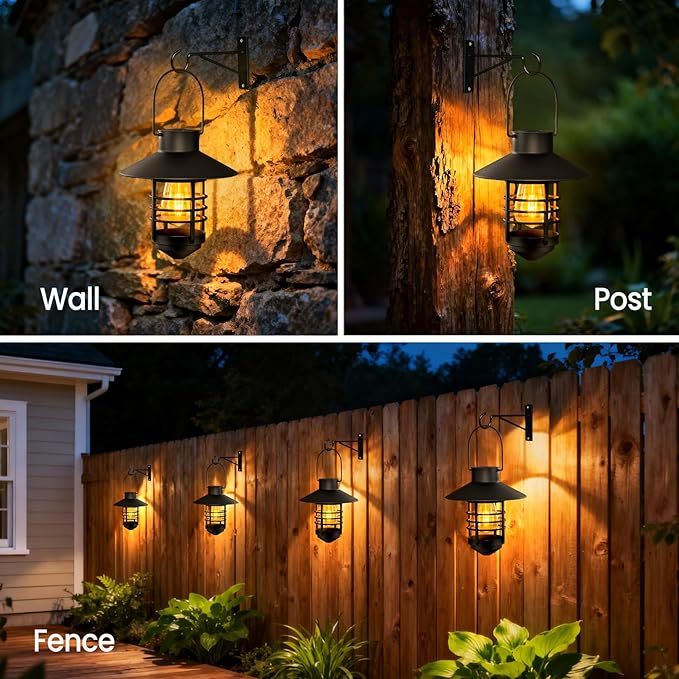 2 Pack Solar Lanterns Outdoor, Waterproof Hanging Solar Lights with Wall Mount Kit, Plastic Lanterns Solar Powered for Garden Decor, Patios, Trees, Front Porch, Gifts for Women Mom