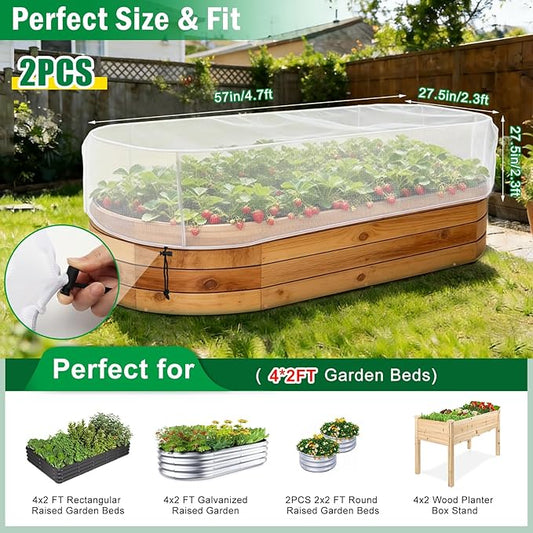 2PCS Garden Netting for Raised Beds, 4.8 X 2.2FT Garden Raised Bed Cover with Drawstring, Plant Netting for Garden Protection, Insect Bird Pest Barrier for Vegetables Fruits Flowers Crops